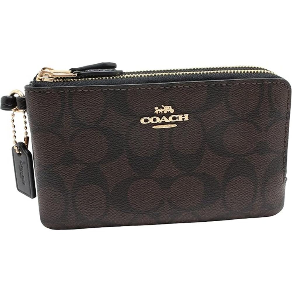 NWT COACH Women Double Corner Zip Wristlet In Signature Canvas Brown Black-OS